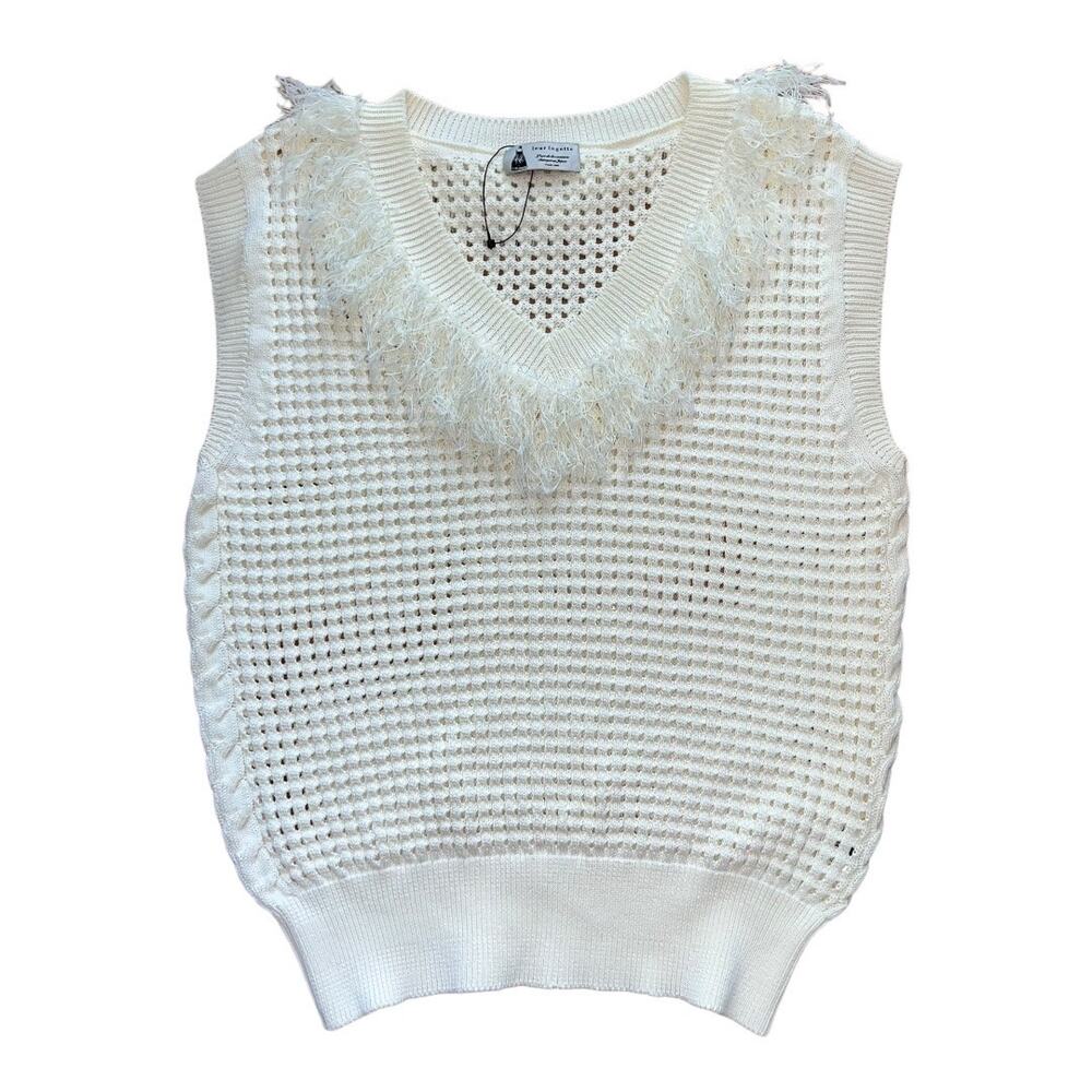 NWOT Leur Logette Fringed Sweater Vest Waffle Weave Cream Ivory